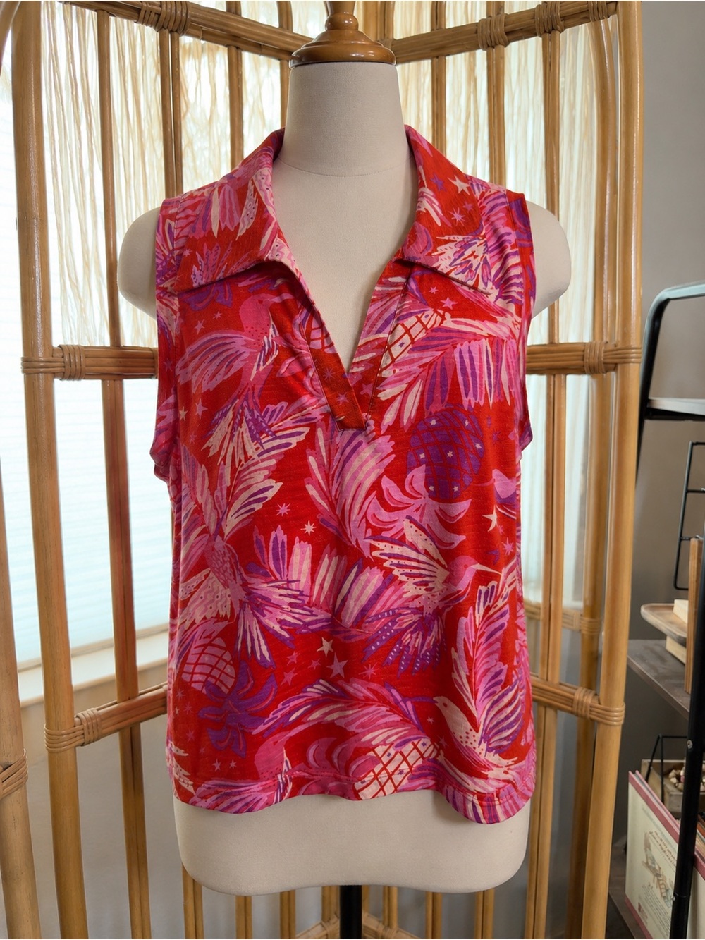 Sigrid Olsen Red & pink Tropical Print Collared Sleeveless cotton Top